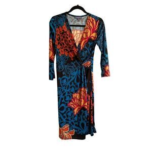 Vivienne Vivienne Tam Women's 3/4 Sleeve Faux Wrap Dress Size S Blue Black Flaw